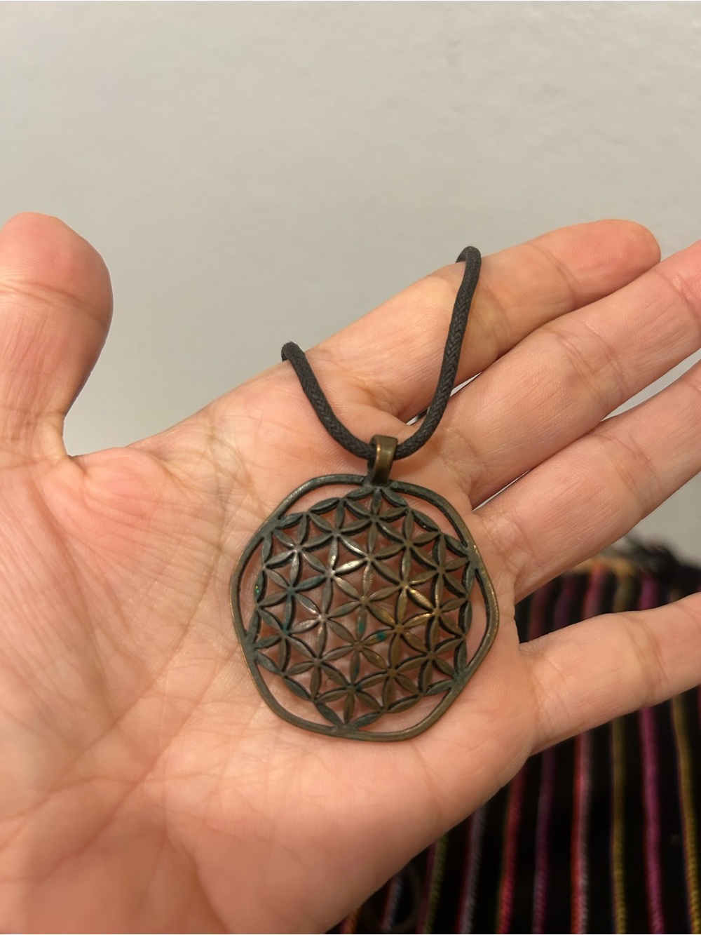 Copper Tone Flower of Life Pendant Necklace - Black Cord